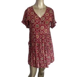 VTG Bonnie Evans Rayon Floral Mini Dress Medium Maroon Boho Medallion 90s